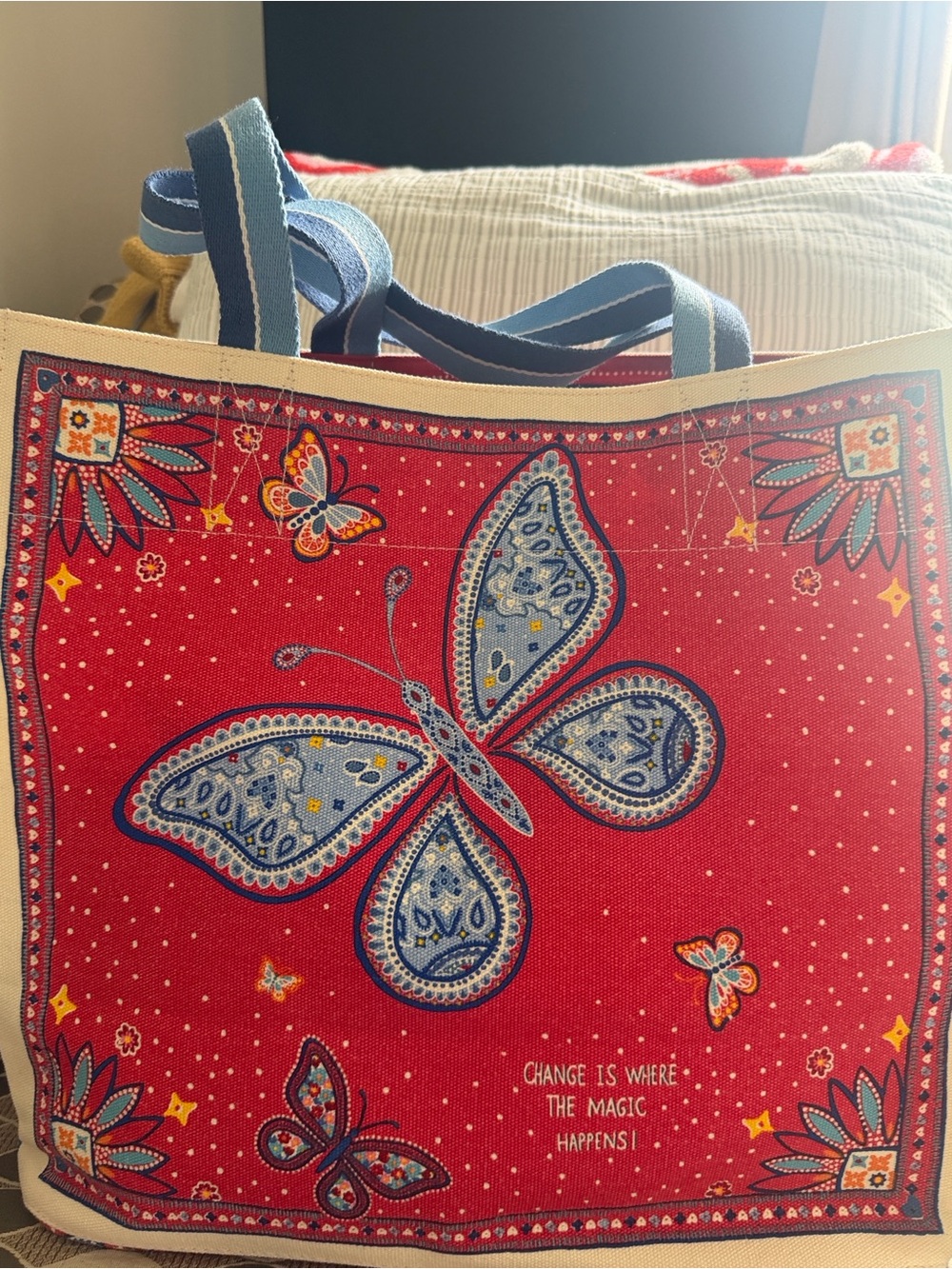Brighton Red Tote with Blue Butterfly Accents